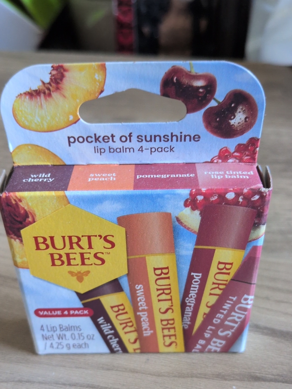 BURTS BEES Lip Balm 4 Pack Cherry Peach Pomegranate Rose